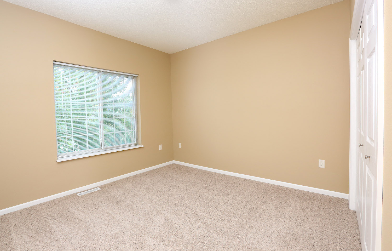 an empty room with a window and carpet
