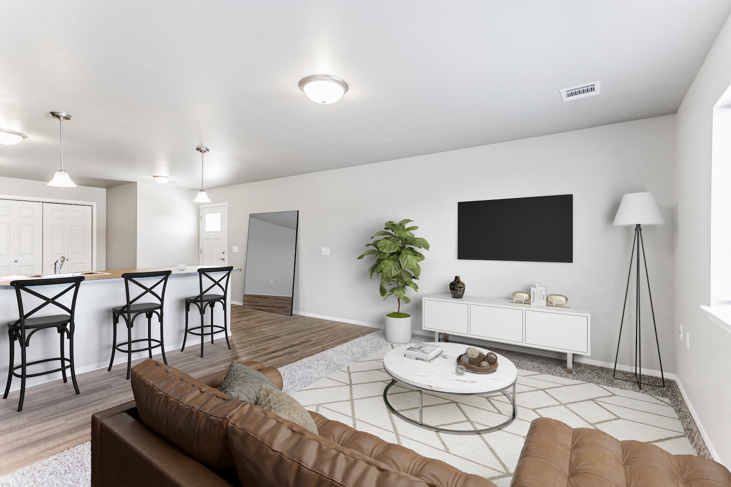 a living room with a couch and a coffee table