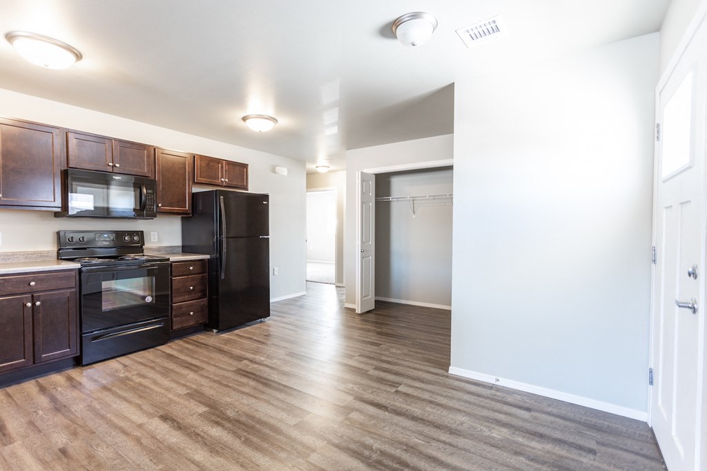 a kitchen with black appliances and wood flooring in an empty apartment