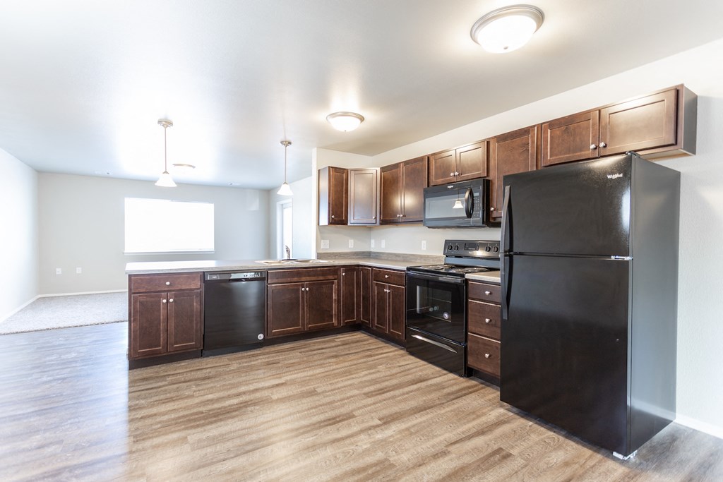 an empty kitchen with black appliances and wooden cabinets