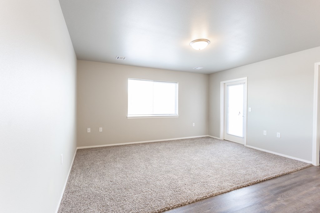 an empty living room with a rug and a window