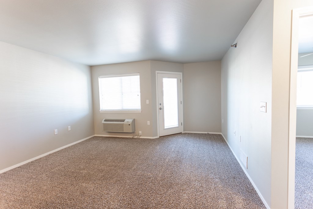 an empty room with carpet and a door and window
