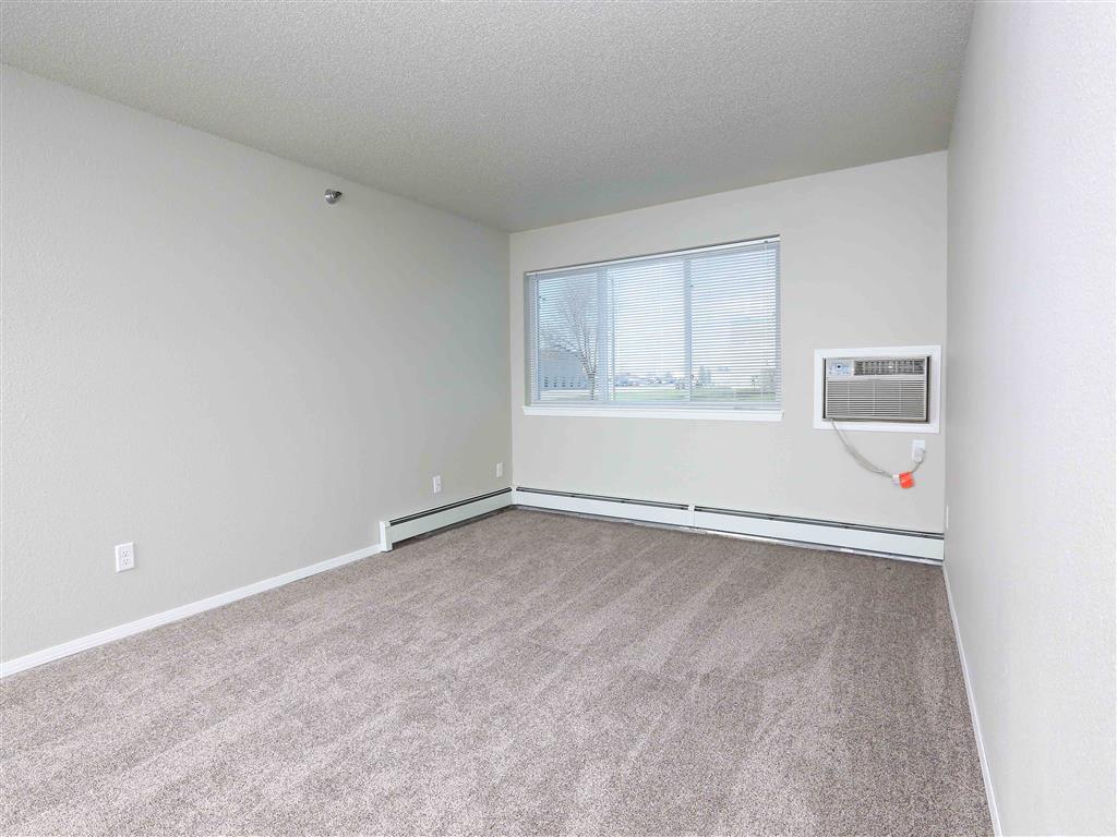 an empty living room with a window and carpet