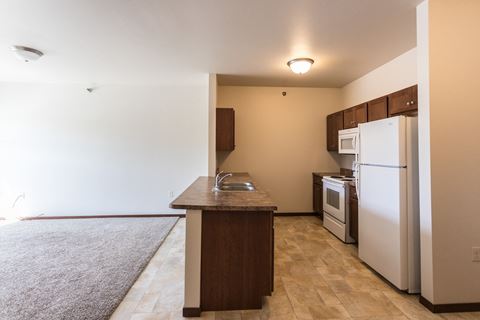 a kitchen with white appliances and a counter top in an empty apartment