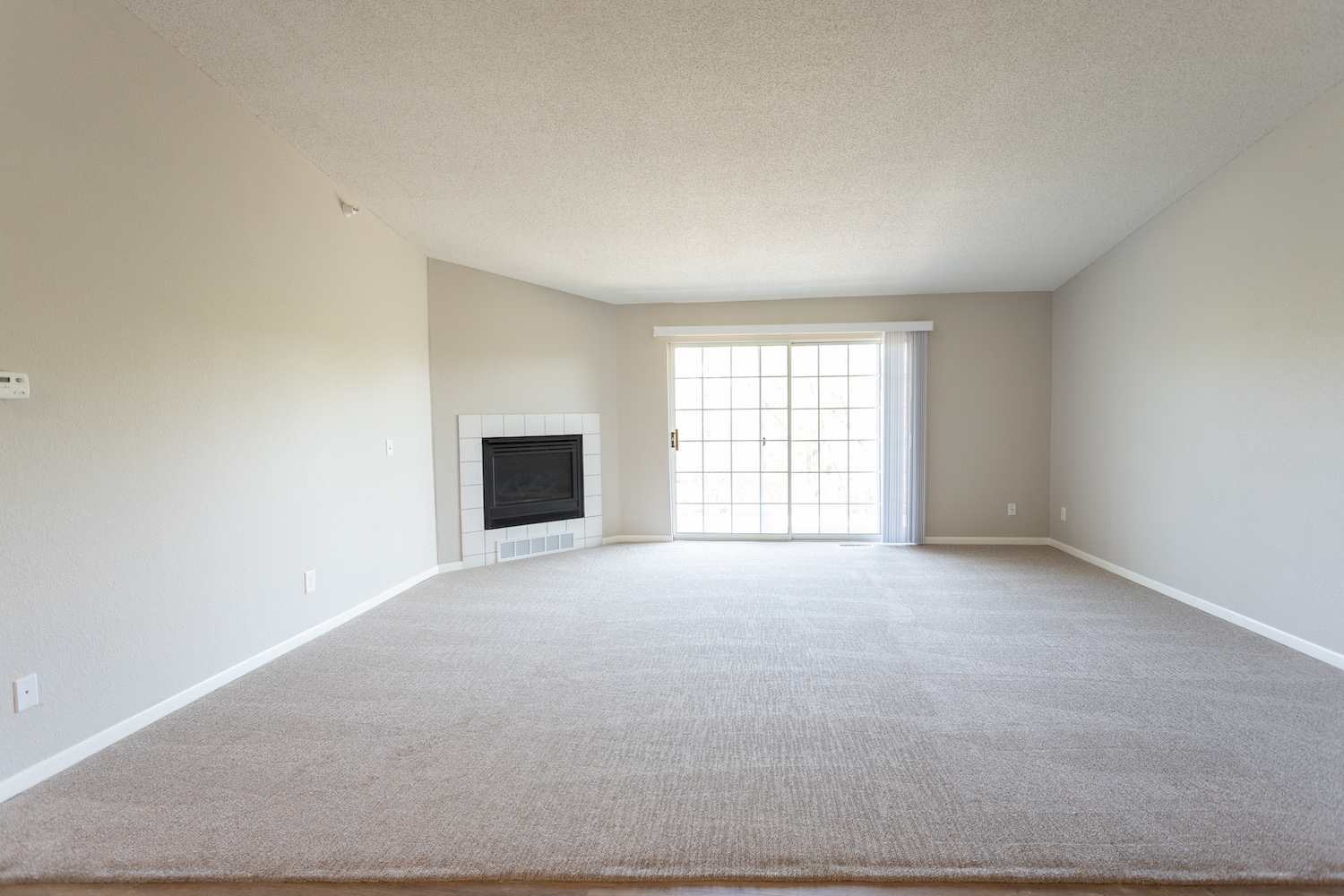 an empty living room with a fireplace and a rug