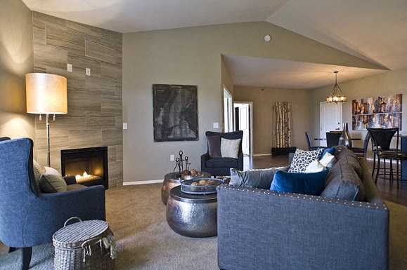 a living room with couches and chairs and a fireplace