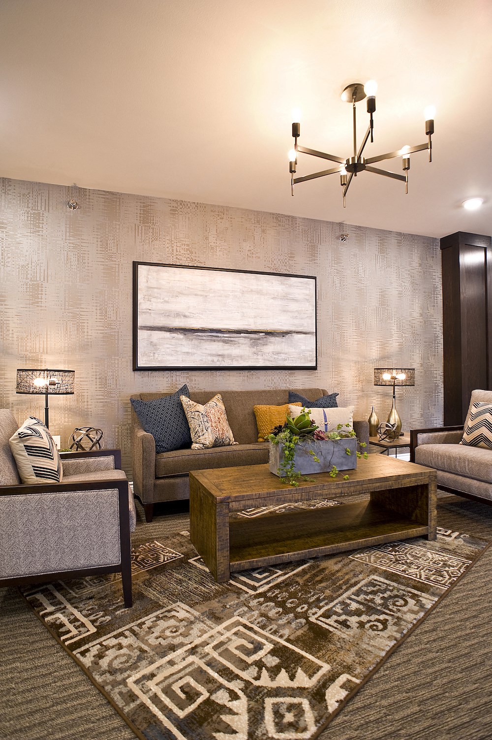 a living room with a couch and a table