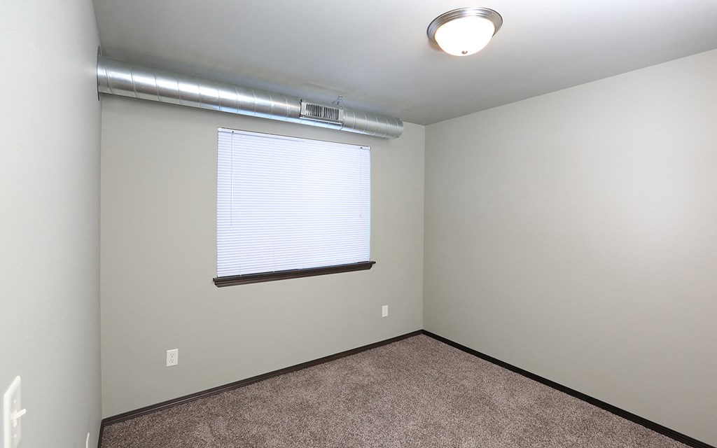an empty room with a window and carpet