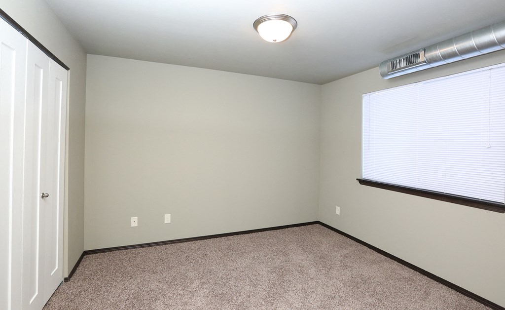 an empty room with carpet and a large window
