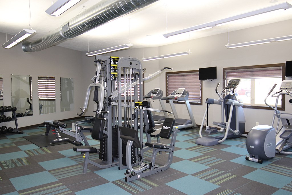 a gym with cardio equipment and weights in a building