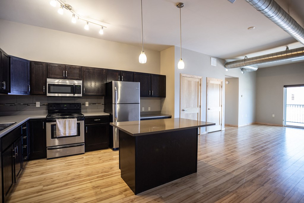 an empty kitchen with black cabinets and stainless steel appliances