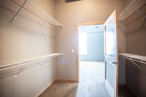 a walk in closet with a mirrored closet door and a door to a blue room
