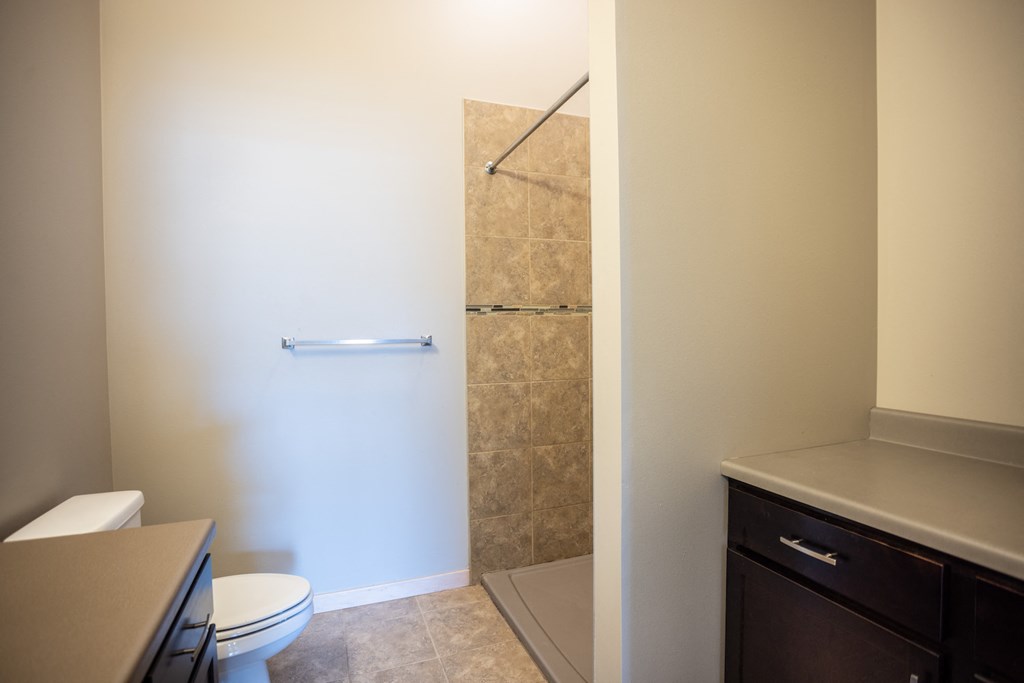 a bathroom with a shower and a sink and a toilet