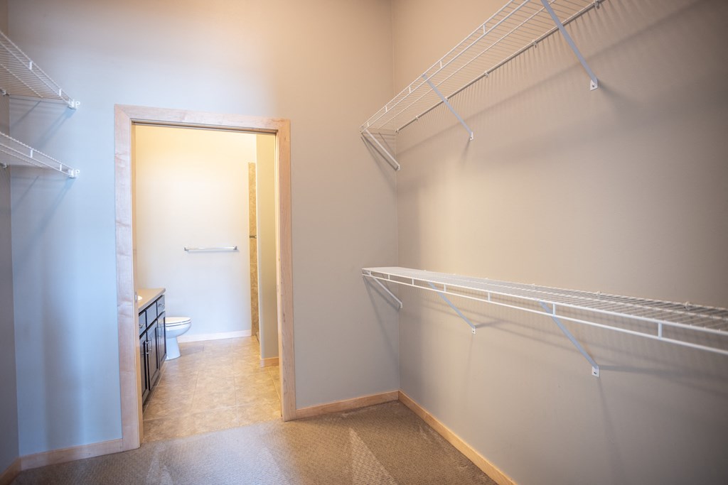 a walk in closet with a mirror and a closet door to a bathroom