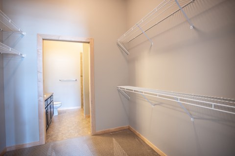 a walk in closet with a mirror and a closet door to a bathroom