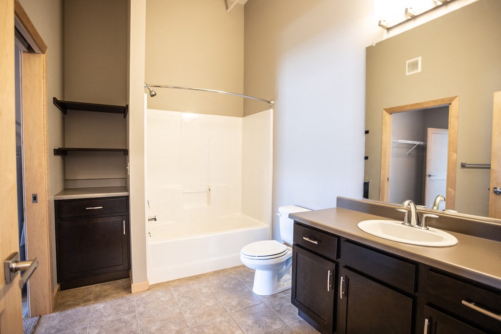 a bathroom with a shower toilet and sink and a mirror