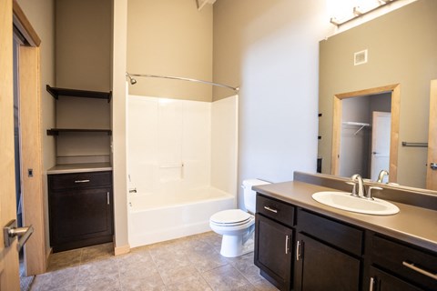 a bathroom with a shower toilet and sink and a mirror