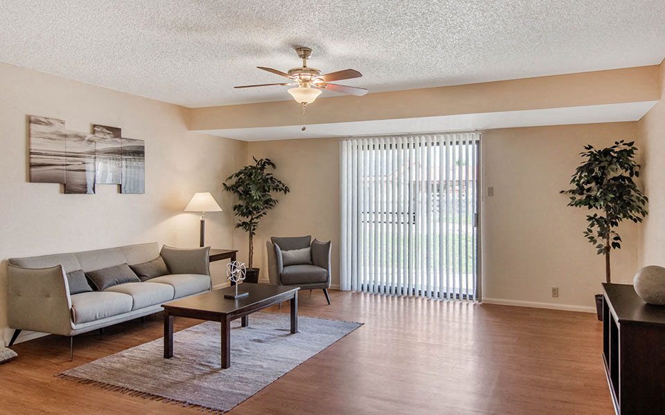 a living room with a couch and a ceiling fan