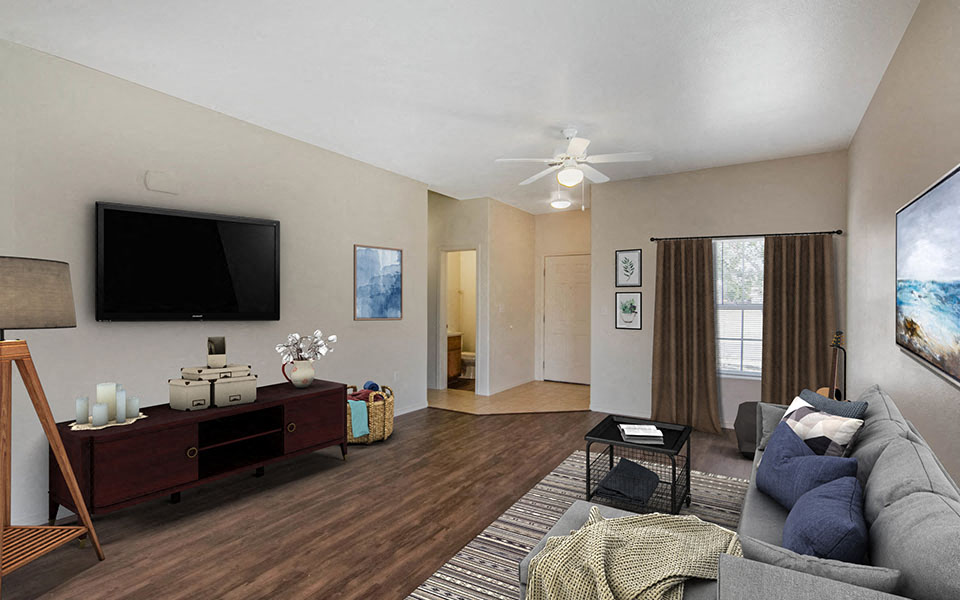 a living room with a couch and a television