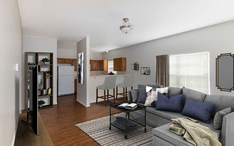 a living room with a couch and a table