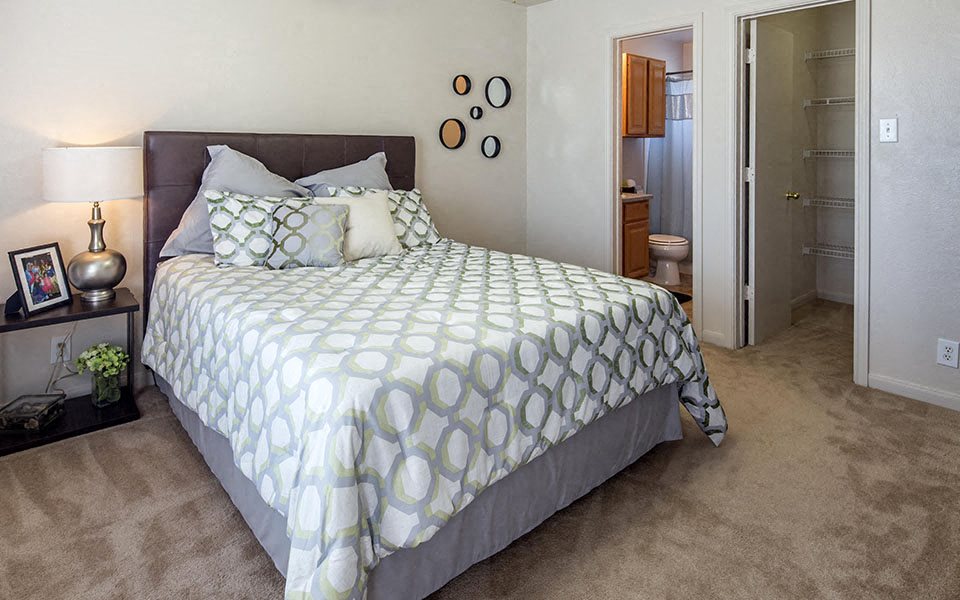 a bedroom with a bed and a closet