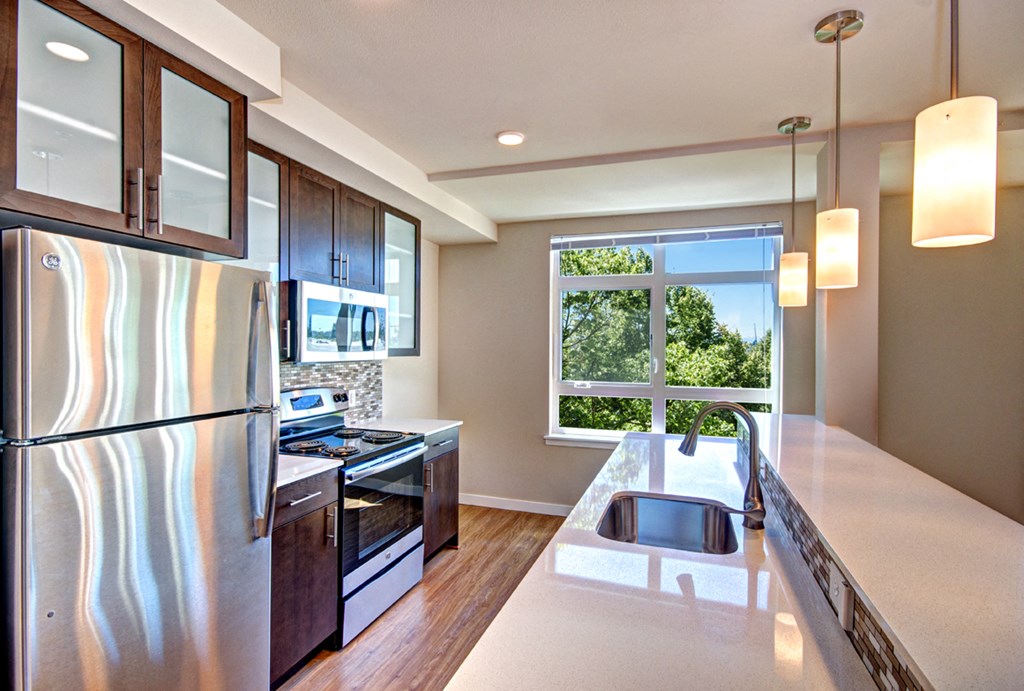 a kitchen with stainless steel appliances and a large window
