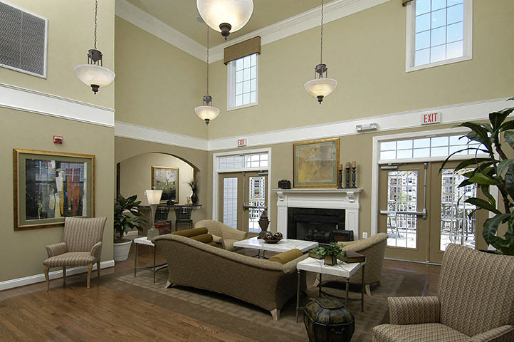 a living room with couches and chairs and a fireplace
