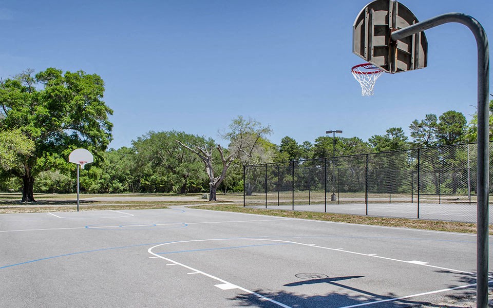 a basketball hoop on a basketball court in a park