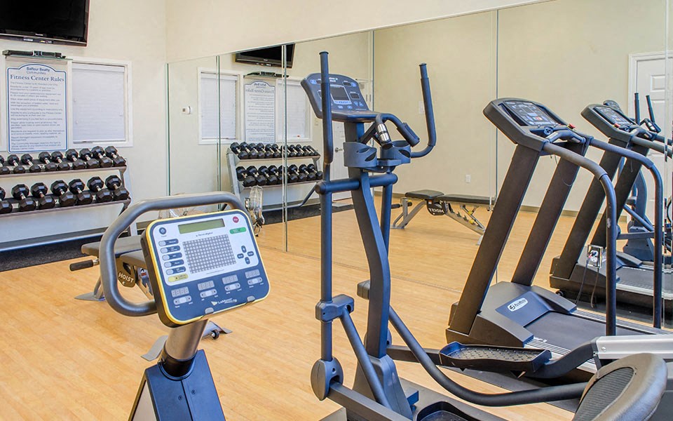 a gym with cardio equipment and weights in a wellness center