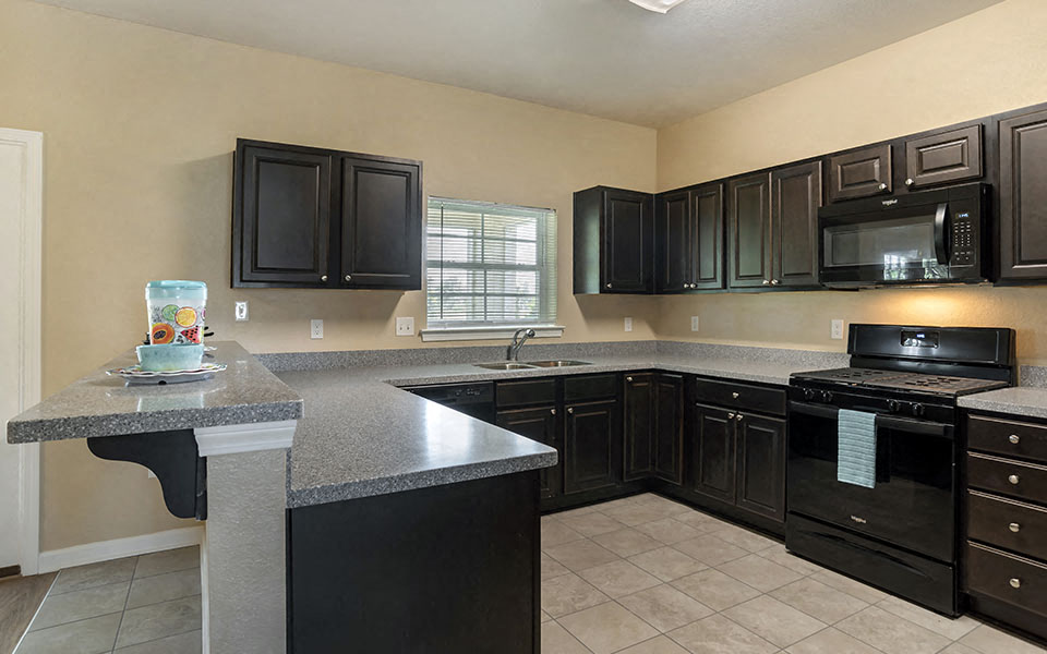 a kitchen with black cabinets and a counter top