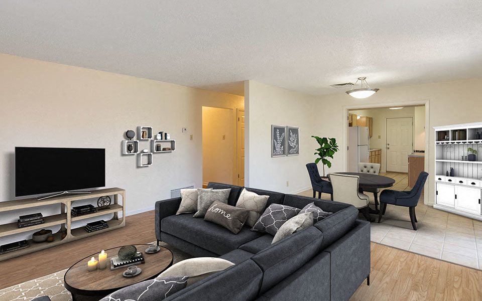 a living room with a couch and a tv