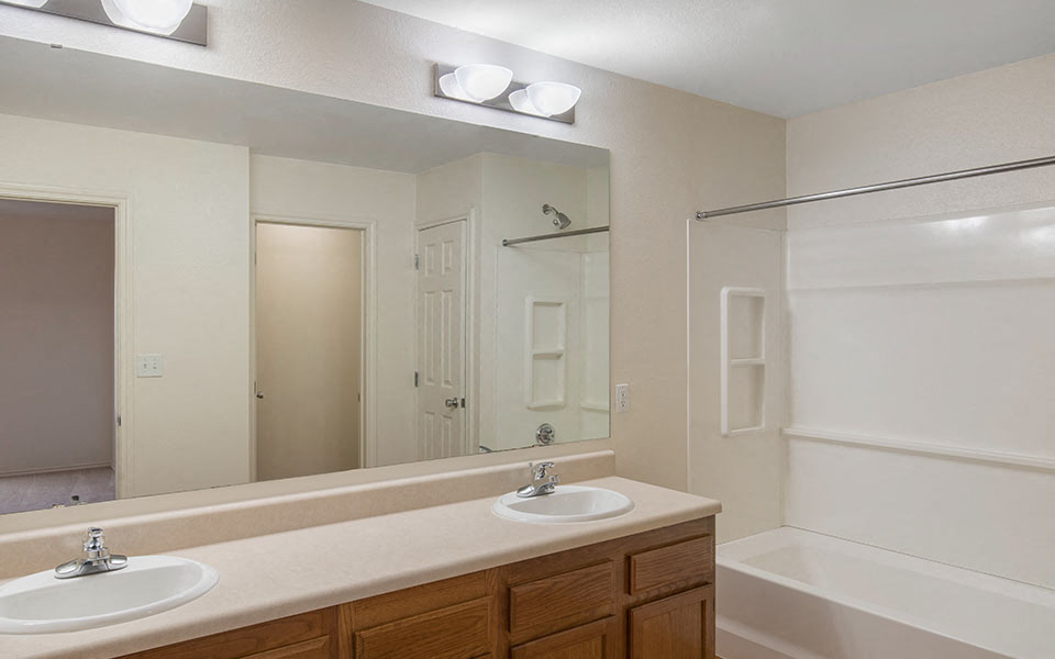 a bathroom with two sinks and a mirror