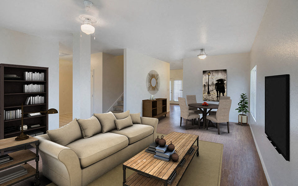 a living room with a couch and a table