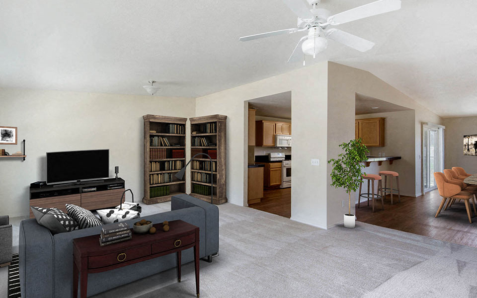 a living room with a couch and a table