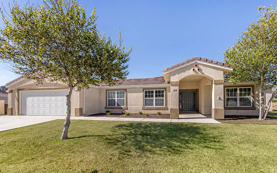 a house with a garage and a tree in front of it