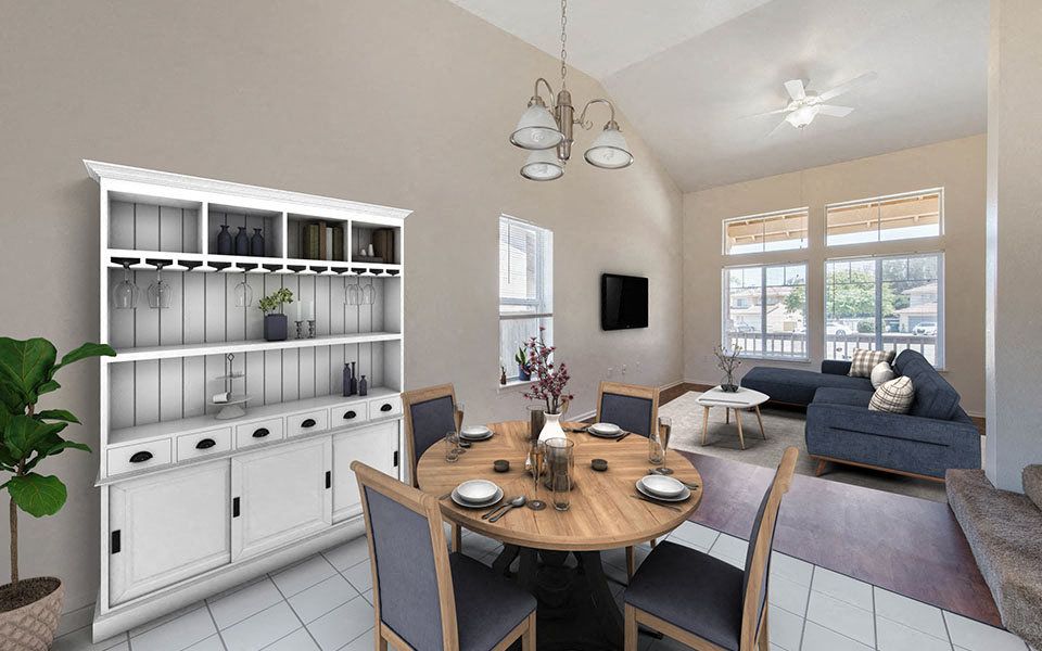 a dining room and living room with a table and chairs