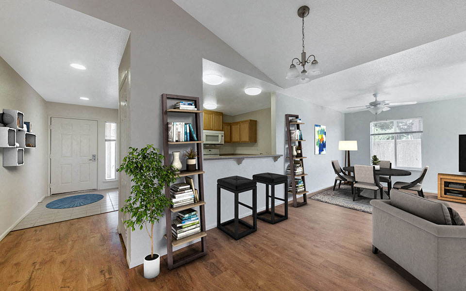 a living room with a couch and a table