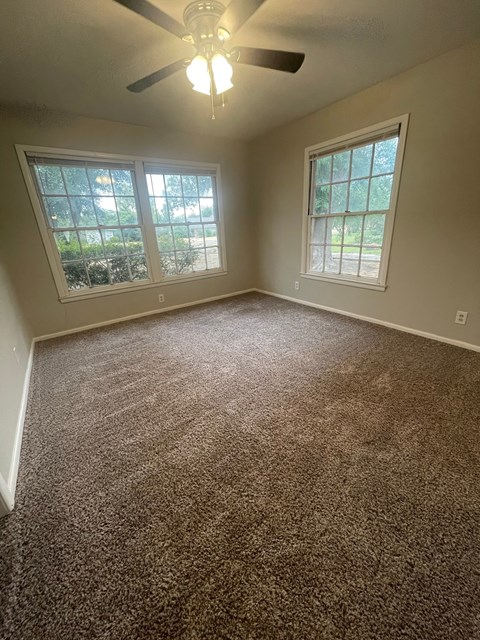 a carpeted living room with two windows and a ceiling fan