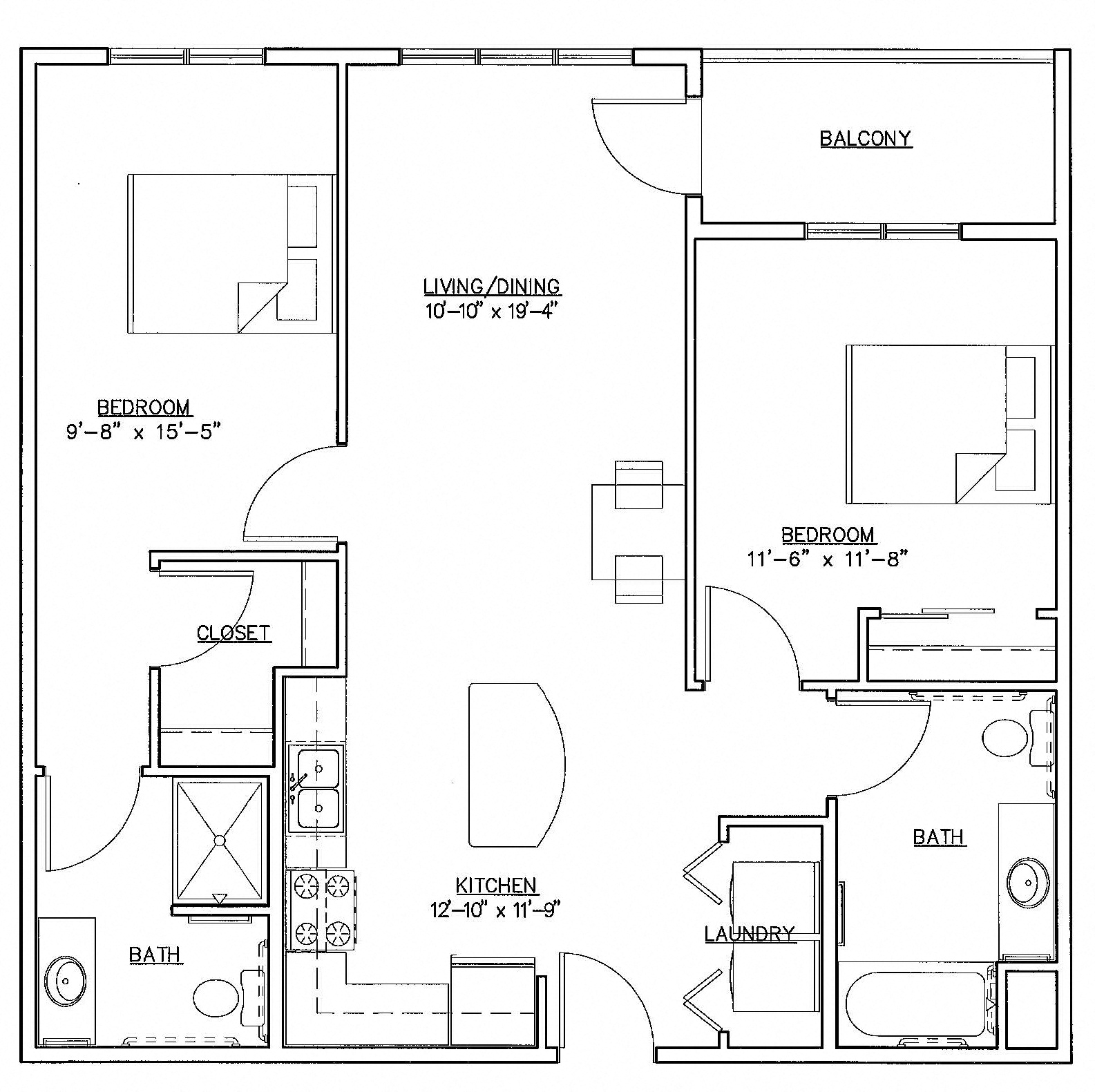 2 BR 992 sqft