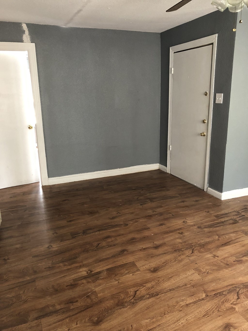 a living room with a hard wood floor and grey walls and a door