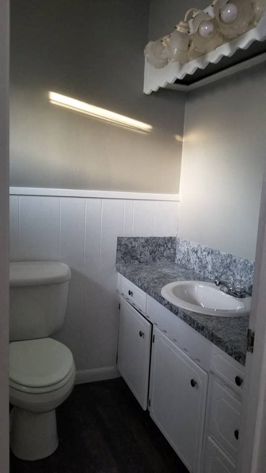 A white toilet sits next to a sink in a small bathroom.