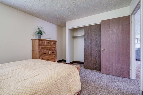 a bedroom with a bed and a closet