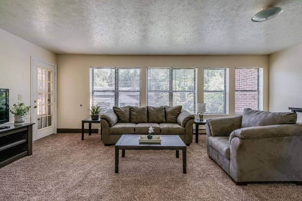 a living room with couches and a coffee table