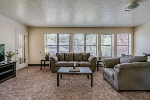 a living room with couches and a coffee table