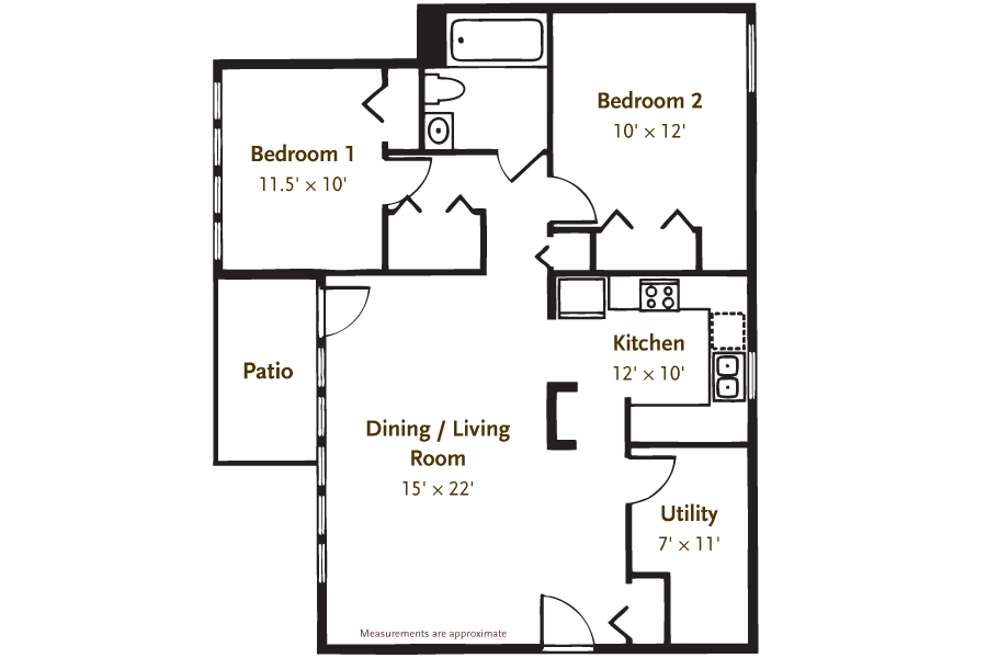 2 Bedroom/1 Bath Garden Floor Plan 2