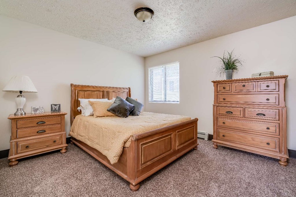 a bedroom with a bed and two dressers