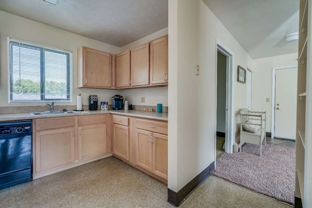 a kitchen with wooden cabinets and a sink and a window
