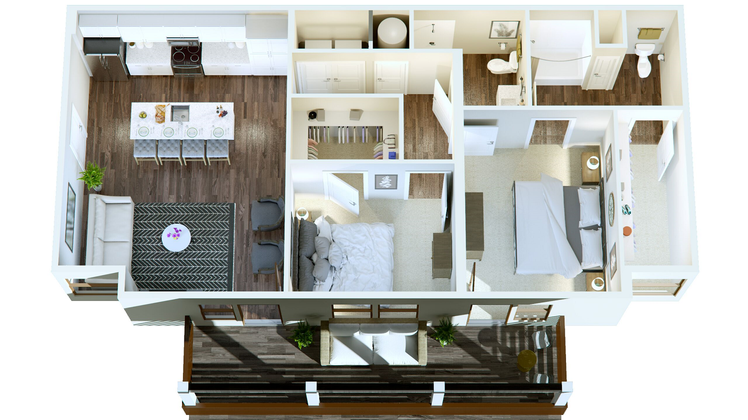 Elm- Two Bedroom/Two Bath- 1,098 sf Floor Plan 2