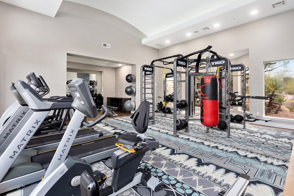 a home gym with treadmills and punching bags on the floor