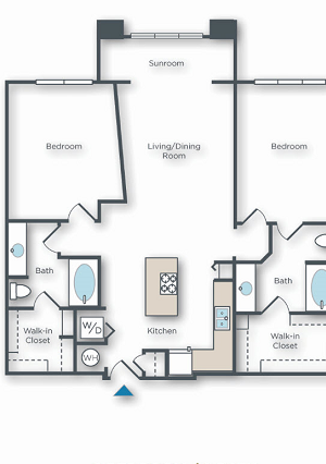 Vue Park West 2 bed 2 bath 2 bed 2 bath with large walk in closets, sunroom, and kitchen island 1217 sqft